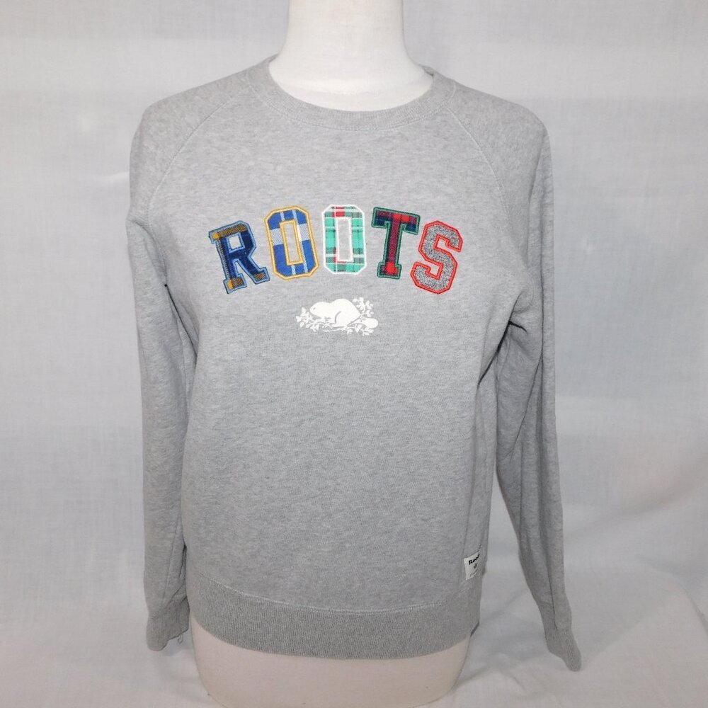 ROOTS Gray Multicolor Plaid Spellout Crewneck Sweatshirt Womens XS